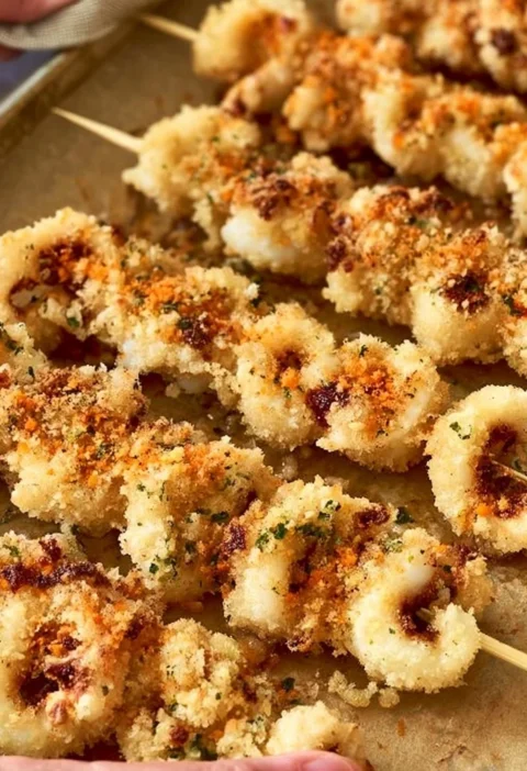 Spiedini di calamari e gamberi grigliati su un piatto decorato.