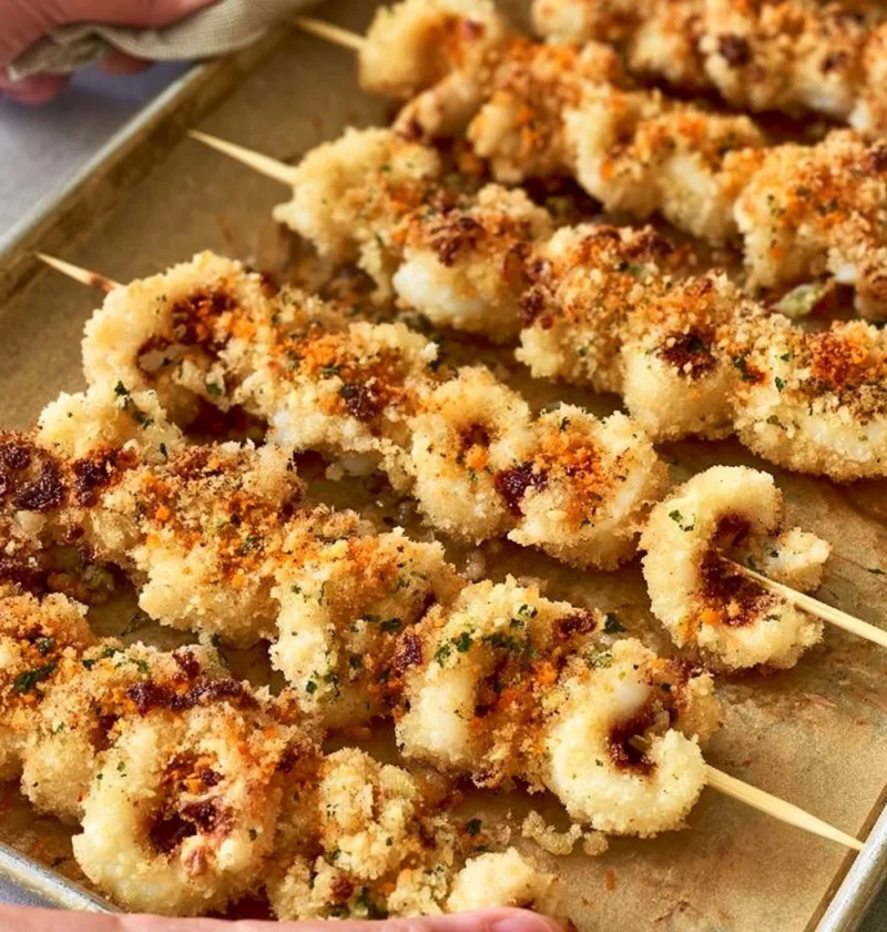 Spiedini di calamari e gamberi grigliati su un piatto decorato.