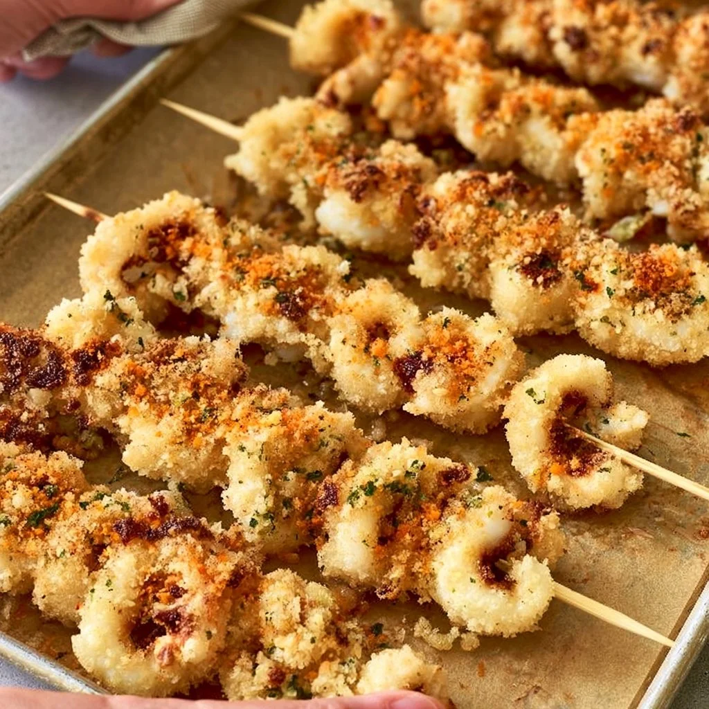 Spiedini di calamari e gamberi grigliati su un piatto decorato.