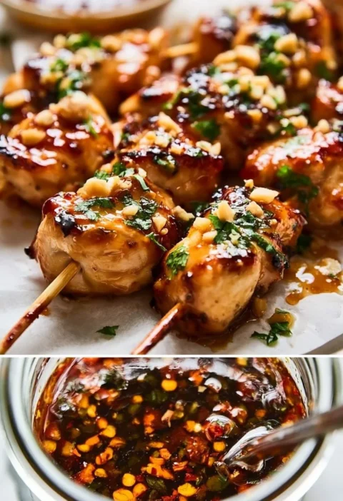 Spiedini di pollo marinati con miele e aglio, pronti per essere grigliati.