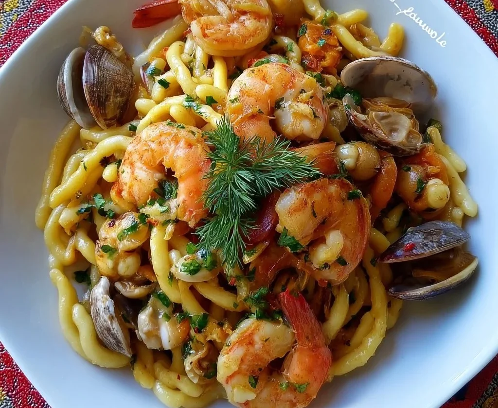 Piatto di strozzapreti con gamberi e vongole, un'opera culinaria irresistibile