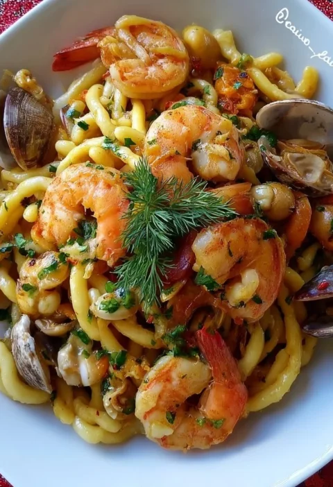 Piatto di strozzapreti con gamberi e vongole, un'opera culinaria irresistibile