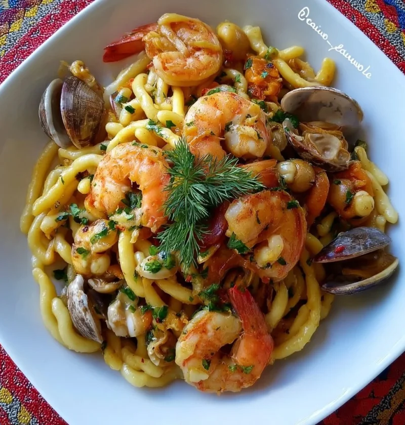 Piatto di strozzapreti con gamberi e vongole, un'opera culinaria irresistibile
