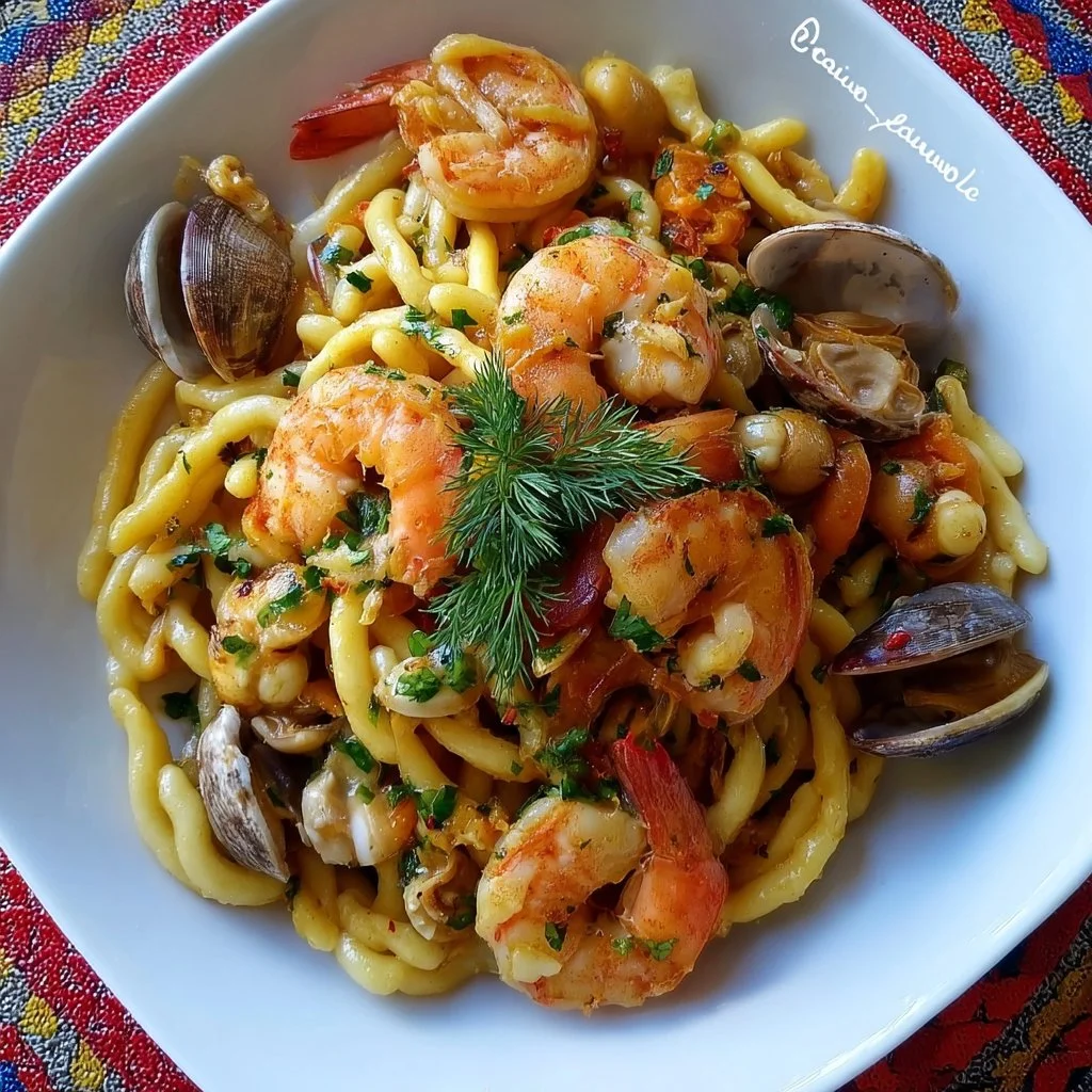 Piatto di strozzapreti con gamberi e vongole, un'opera culinaria irresistibile