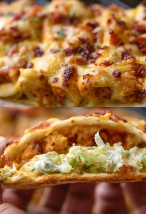 Tacos al Forno con Pollo, Bacon e Salsa Ranch su un piatto colorato