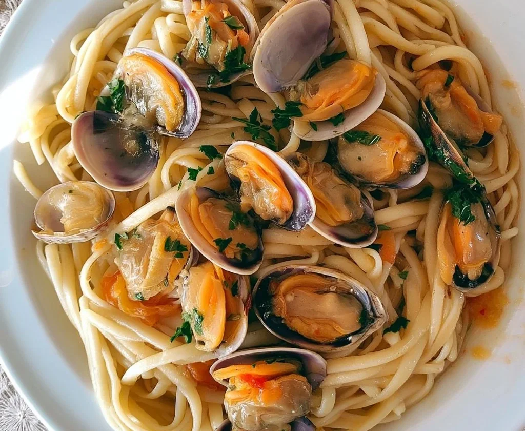 Tagliatelle con vongole, cannolicchi e fasolari in un piatto gustoso.