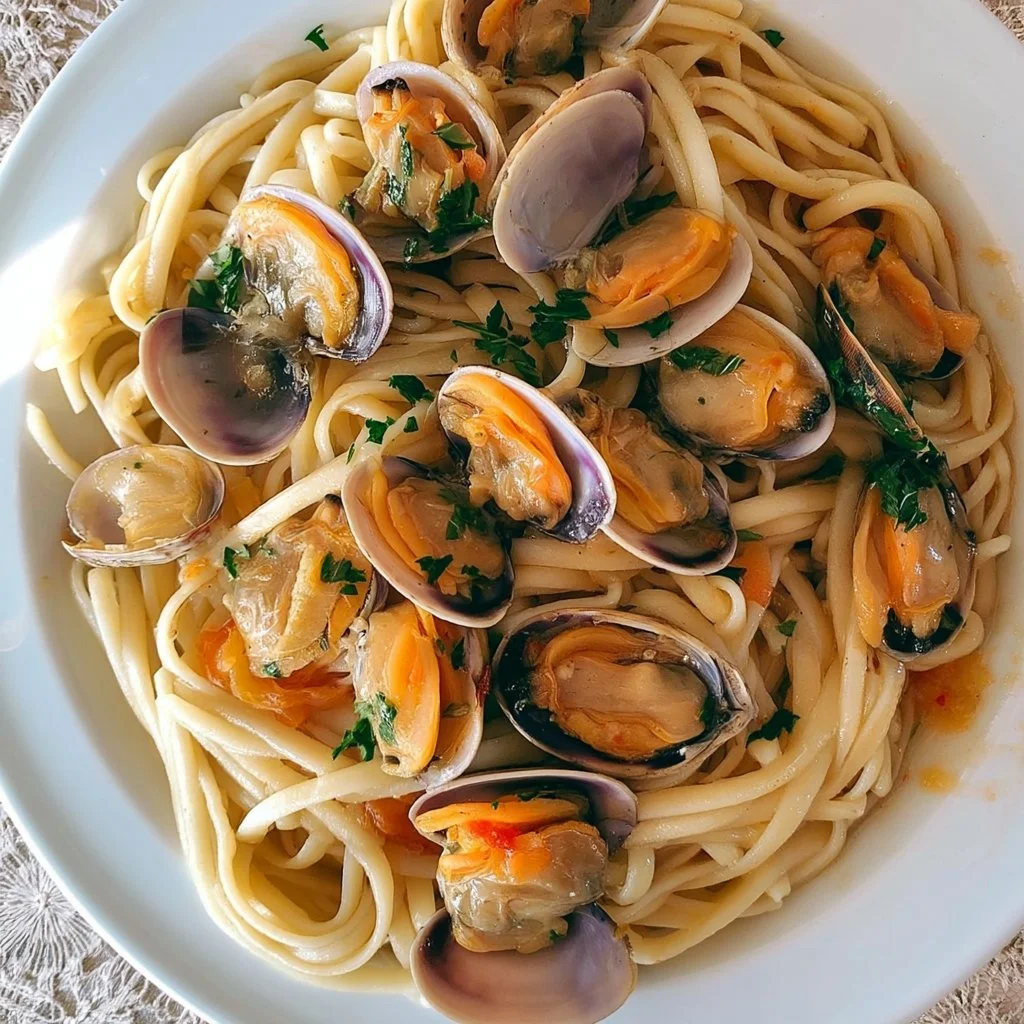 Tagliatelle con vongole, cannolicchi e fasolari in un piatto gustoso.