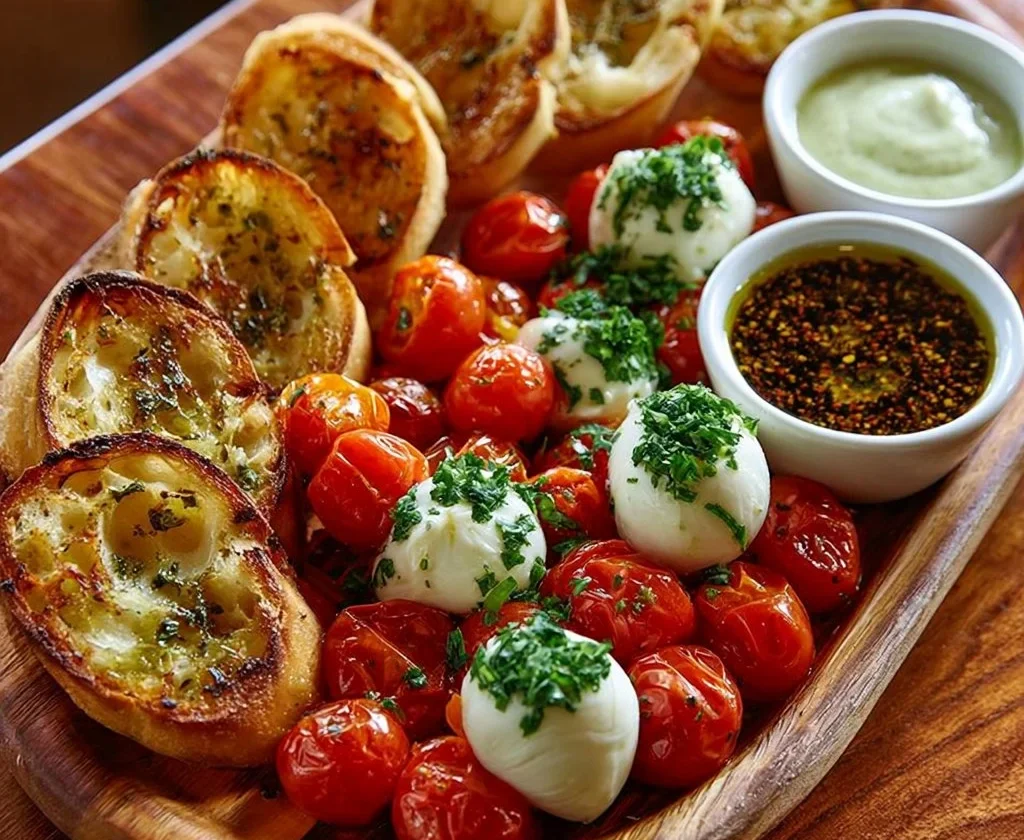 Tavola di tapas con mozzarella e burrata marinata pronta da gustare.