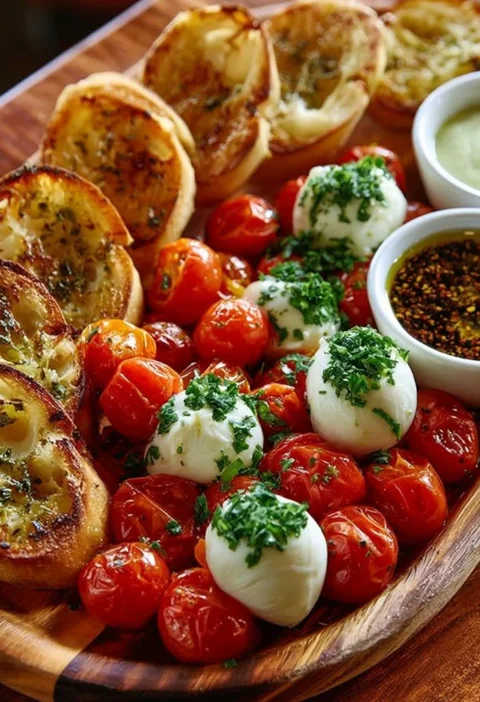 Tavola di tapas con mozzarella e burrata marinata pronta da gustare.