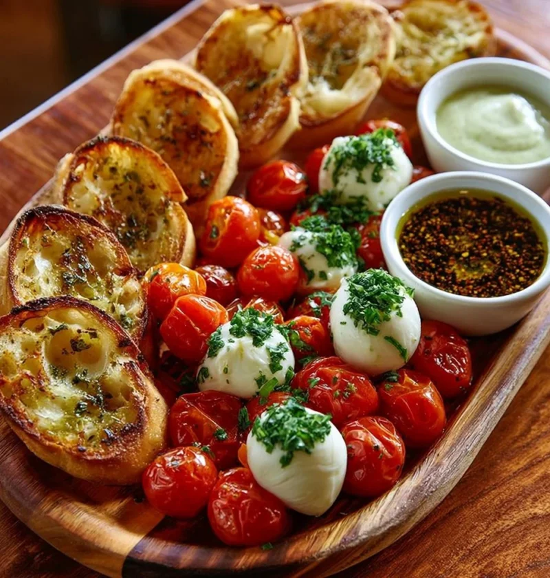 Tavola di tapas con mozzarella e burrata marinata pronta da gustare.