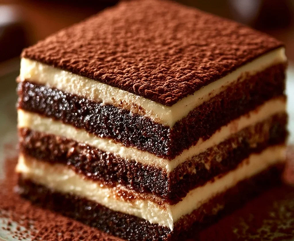 Tiramisù tradizionale decorato con cacao e caffè.