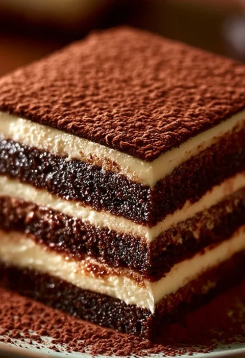 Tiramisù tradizionale decorato con cacao e caffè.