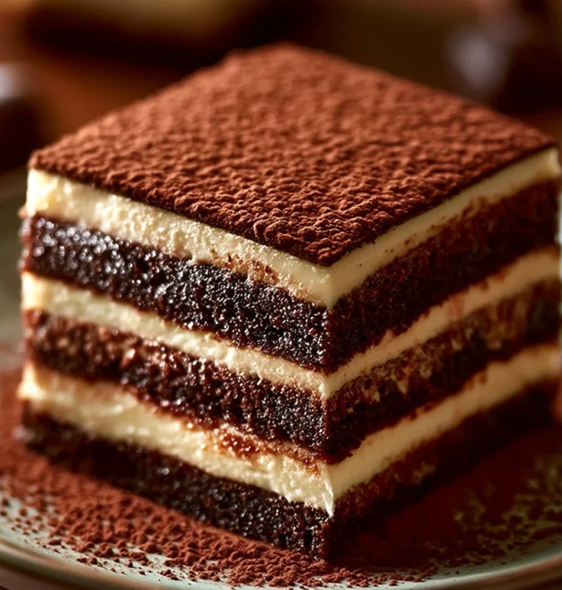 Tiramisù tradizionale decorato con cacao e caffè.
