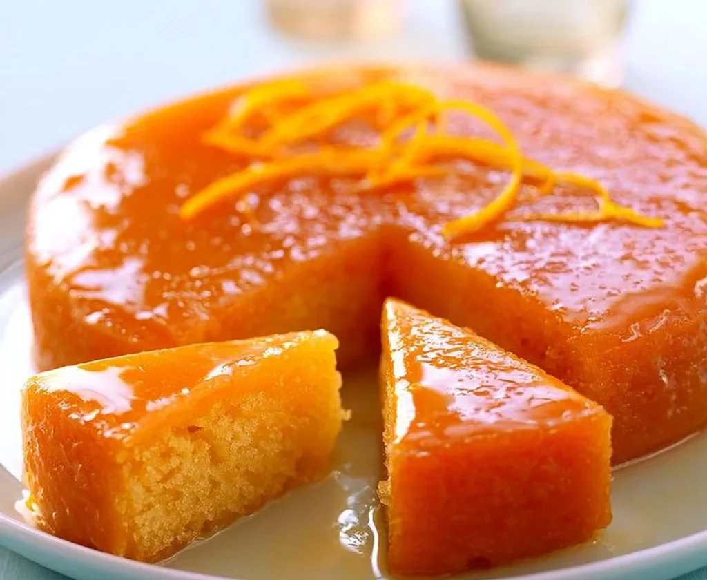 Torta all'arancia con glassa e fette di arancia decorativa