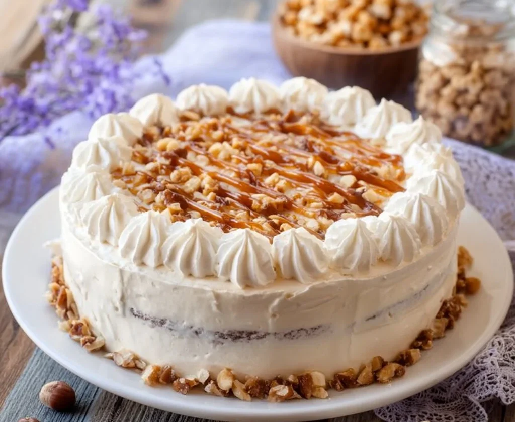 Torta gelato alla nocciola decorata con nocciole tostate e cioccolato