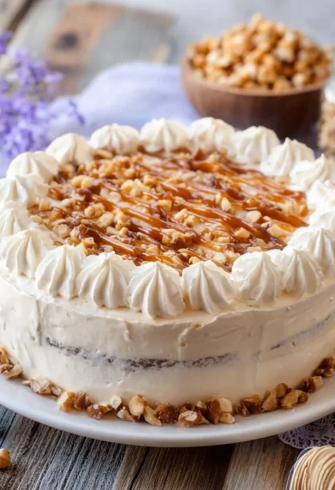 Torta gelato alla nocciola decorata con nocciole tostate e cioccolato