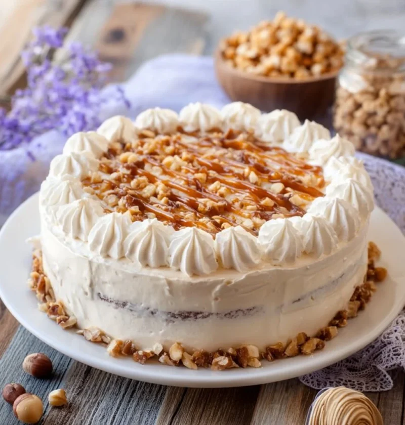 Torta gelato alla nocciola decorata con nocciole tostate e cioccolato