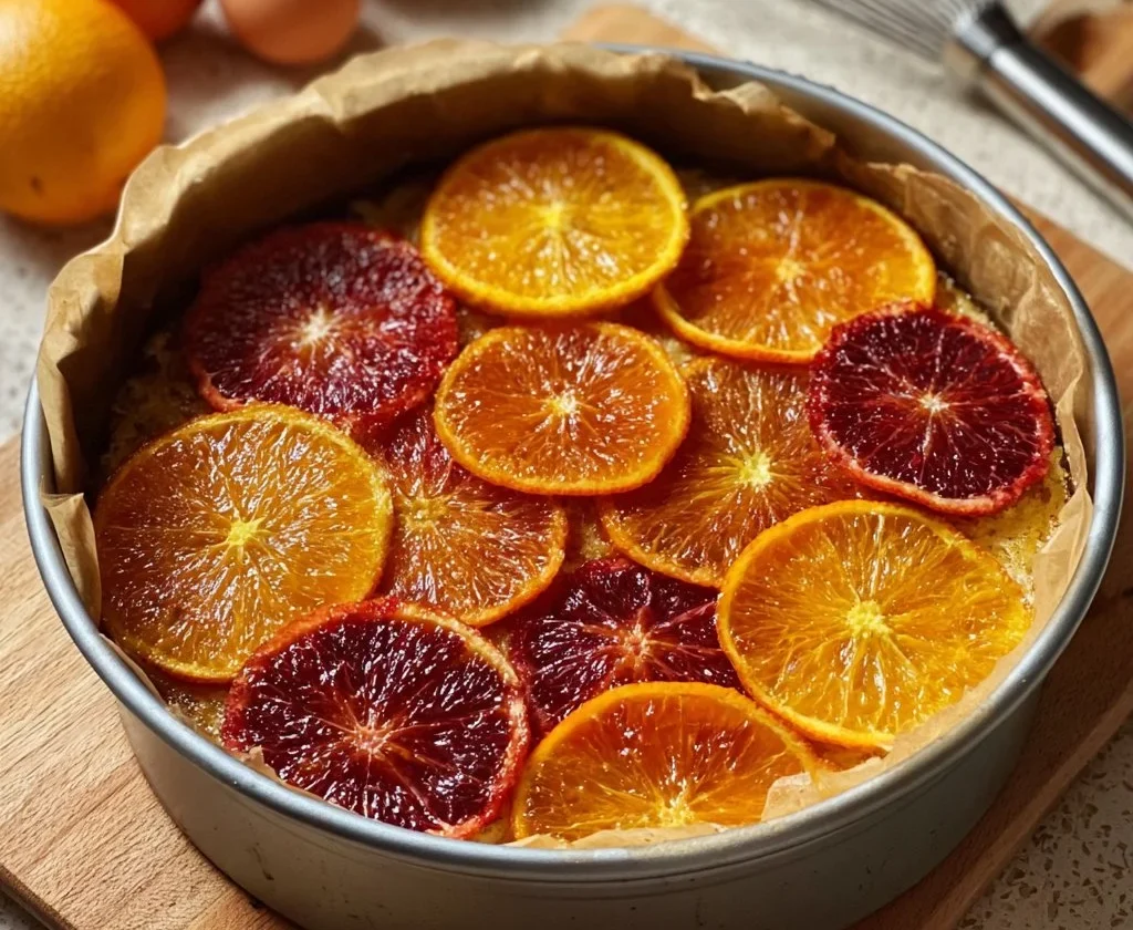 Fetta di torta soffice all'arancia con decorazioni di arancia fresca.