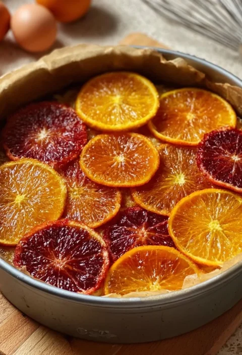 Fetta di torta soffice all'arancia con decorazioni di arancia fresca.