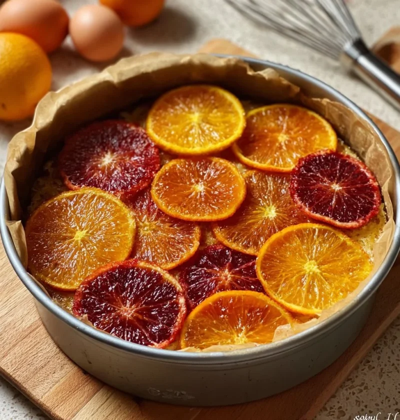 Fetta di torta soffice all'arancia con decorazioni di arancia fresca.