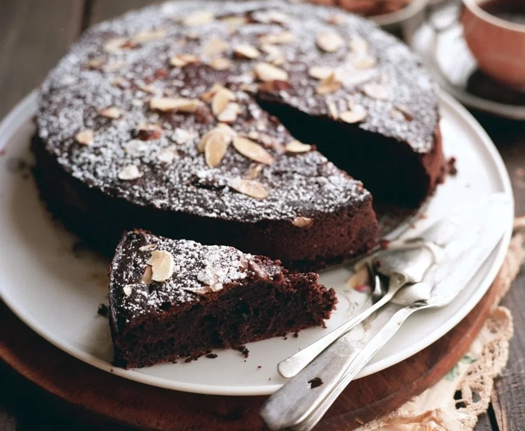 Fetta di Torta Umida al Cioccolato Fondente e Mandorle su un piatto elegante.