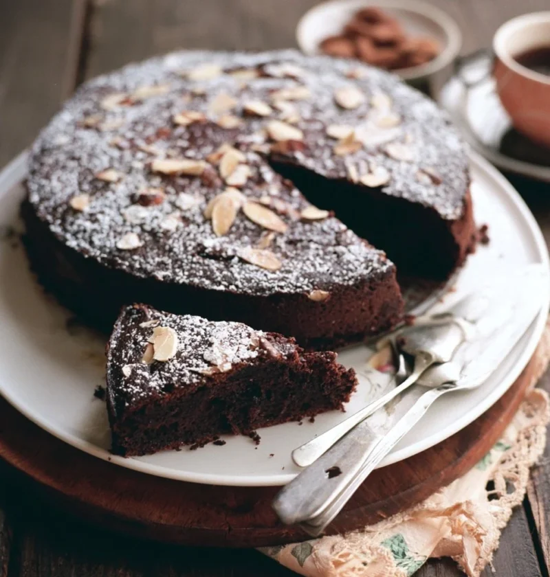 Fetta di Torta Umida al Cioccolato Fondente e Mandorle su un piatto elegante.
