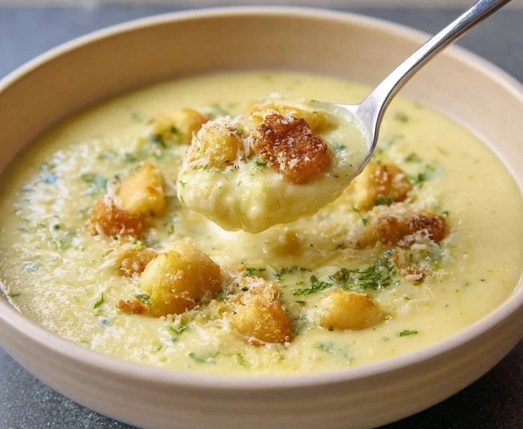 Vellutata di patate e porri servita in una ciotola con guarnizione di erbe fresche.