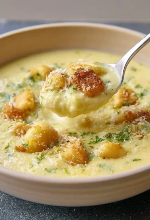 Vellutata di patate e porri servita in una ciotola con guarnizione di erbe fresche.