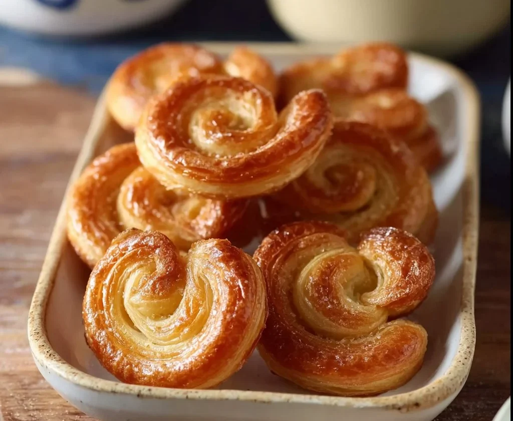 Ventaglietti dolci di sfoglia pronti da servire su un vassoio