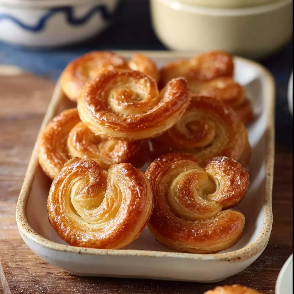 Ventaglietti dolci di sfoglia pronti da servire su un vassoio