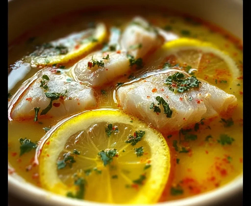 Zuppa di pesce al limone cremosa e leggera servita in una ciotola.