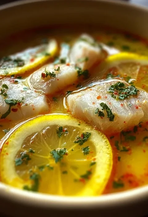 Zuppa di pesce al limone cremosa e leggera servita in una ciotola.