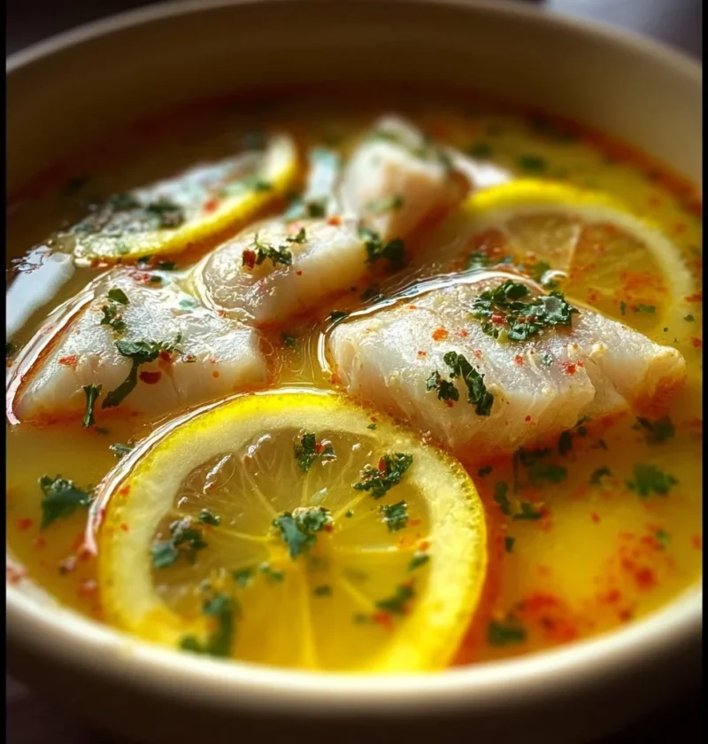 Zuppa di pesce al limone cremosa e leggera servita in una ciotola.
