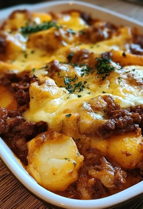 Piatto di Beef e Patate al Forno Carichi pronto da servire.