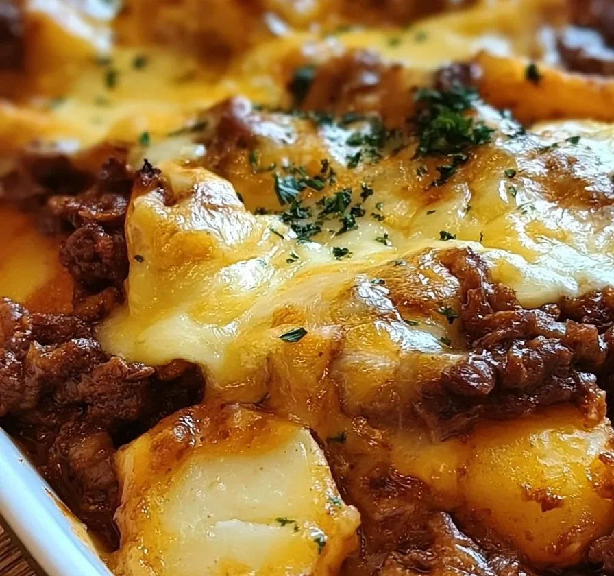 Piatto di Beef e Patate al Forno Carichi pronto da servire.