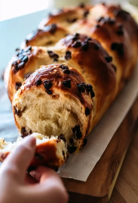 Brioche filante con gocce di cioccolato appena sfornata
