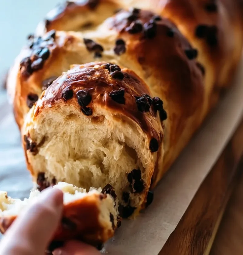 Brioche filante con gocce di cioccolato appena sfornata