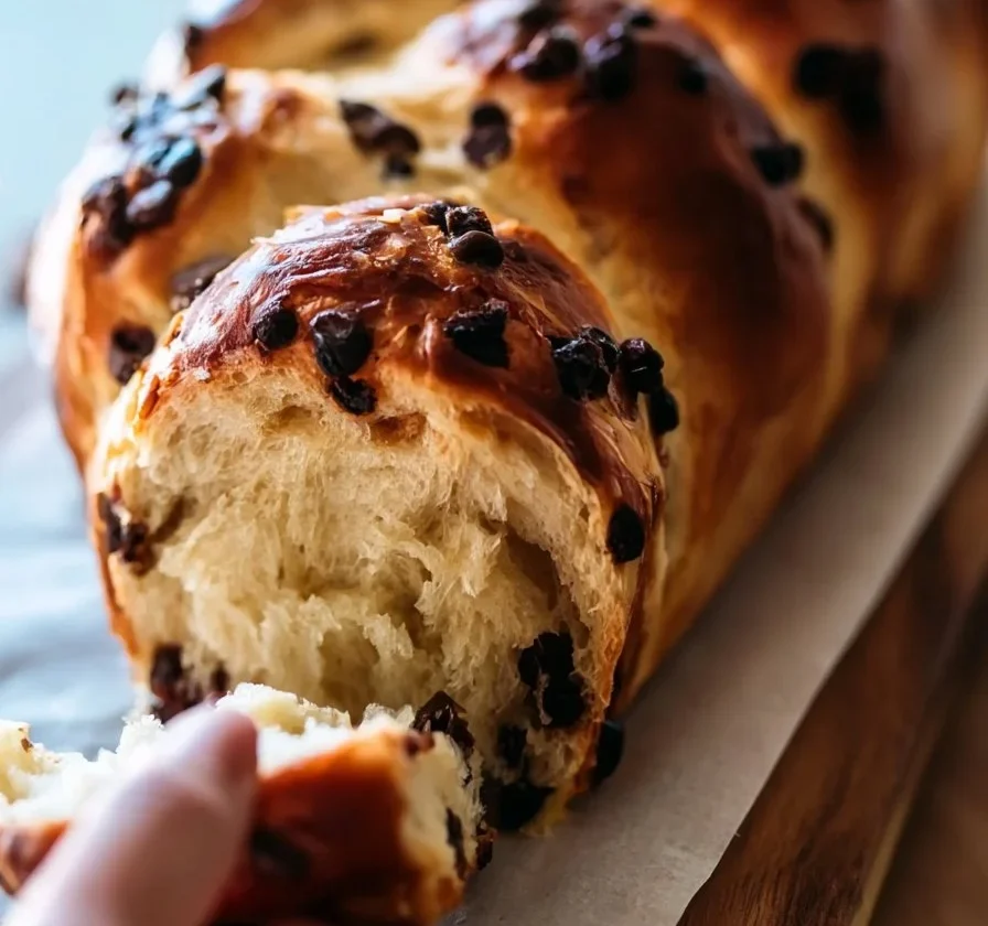 Brioche filante con gocce di cioccolato appena sfornata