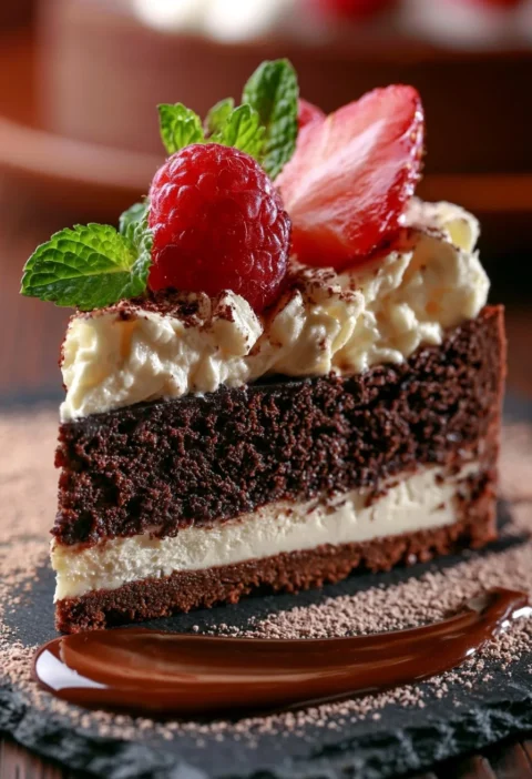 Brownie Cheesecake servito su un piatto bianco con cioccolato fuso sopra