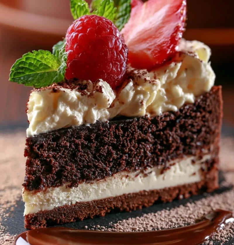 Brownie Cheesecake servito su un piatto bianco con cioccolato fuso sopra
