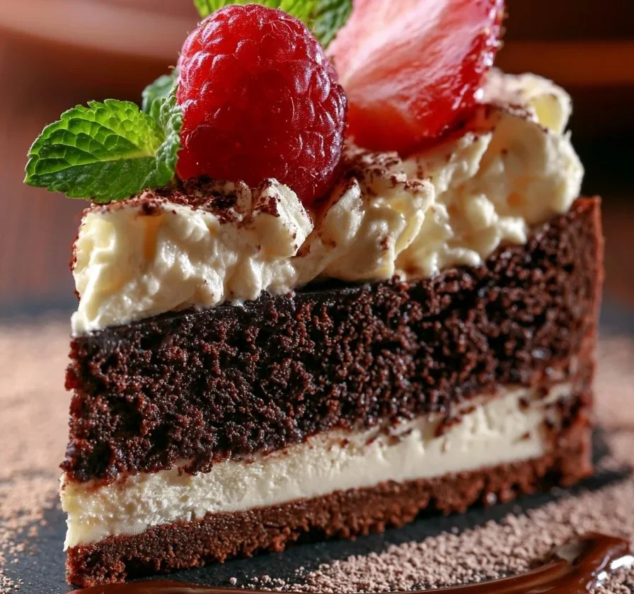 Brownie Cheesecake servito su un piatto bianco con cioccolato fuso sopra