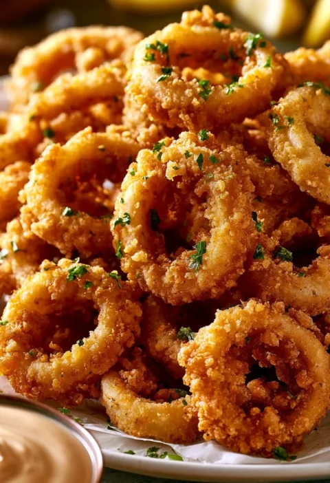 Calamari fritti croccanti serviti con limone e salsa tartara.