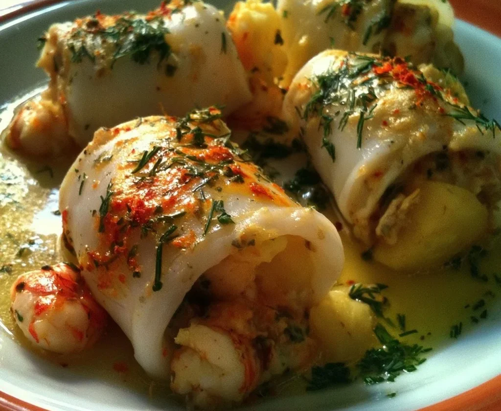 Calamari ripieni di gamberi, scorza d'arancia, patate e zafferano serviti in un piatto.