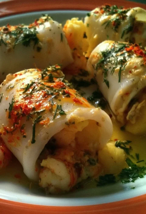 Calamari ripieni di gamberi, scorza d'arancia, patate e zafferano serviti in un piatto.