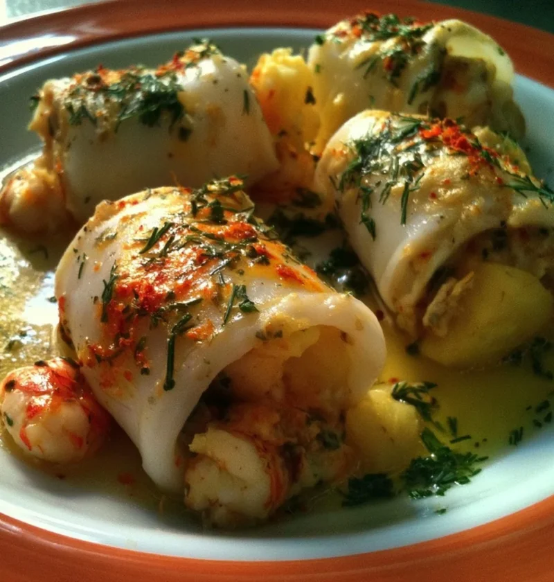 Calamari ripieni di gamberi, scorza d'arancia, patate e zafferano serviti in un piatto.