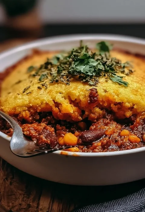 Casseruola di chili e cornbread fumante in una ciotola