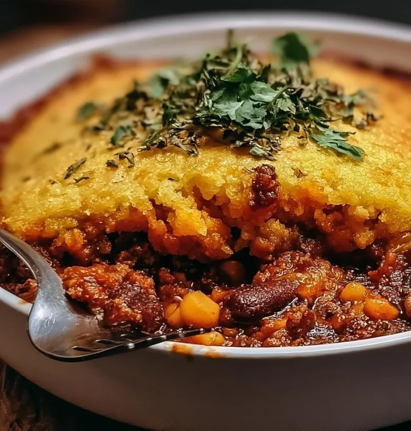 Casseruola di chili e cornbread fumante in una ciotola