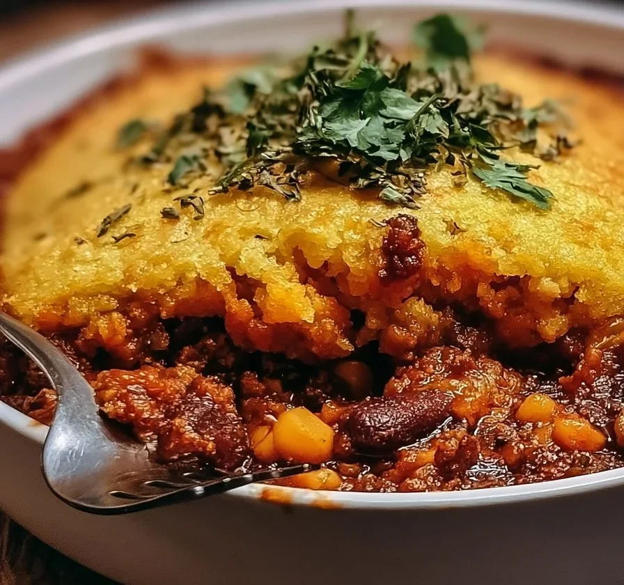 Casseruola di chili e cornbread fumante in una ciotola