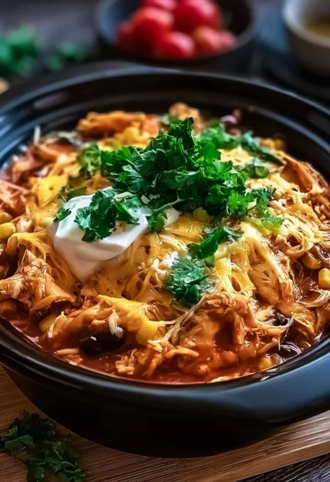 Casseruola di enchilada di pollo cotta in crockpot con formaggio fuso e salsa