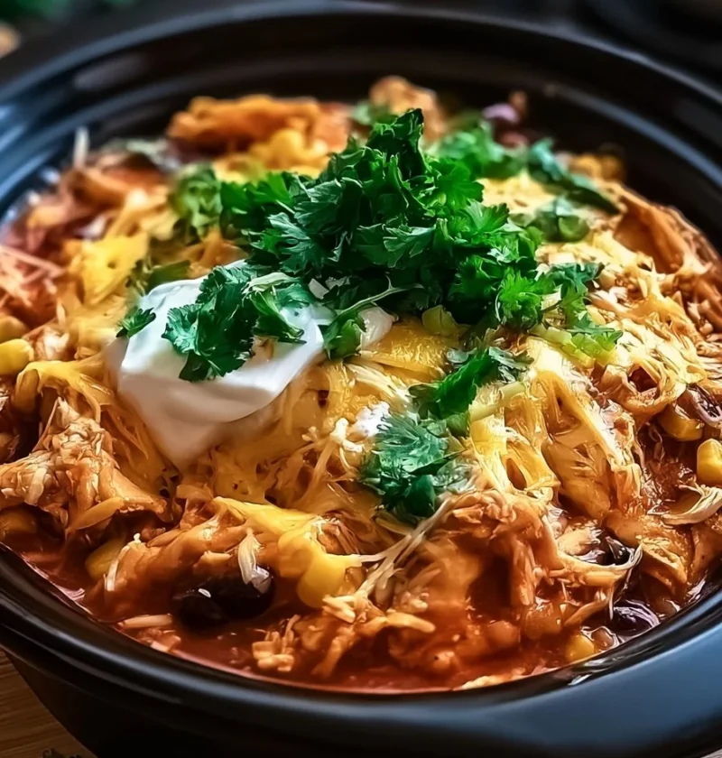 Casseruola di enchilada di pollo cotta in crockpot con formaggio fuso e salsa